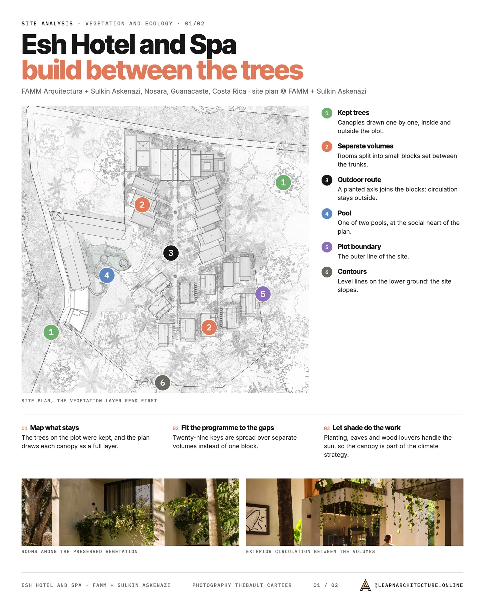 Site analysis board on the Esh Hotel and Spa site plan: kept trees, separate room volumes, the outdoor route, pool, plot boundary and contours numbered