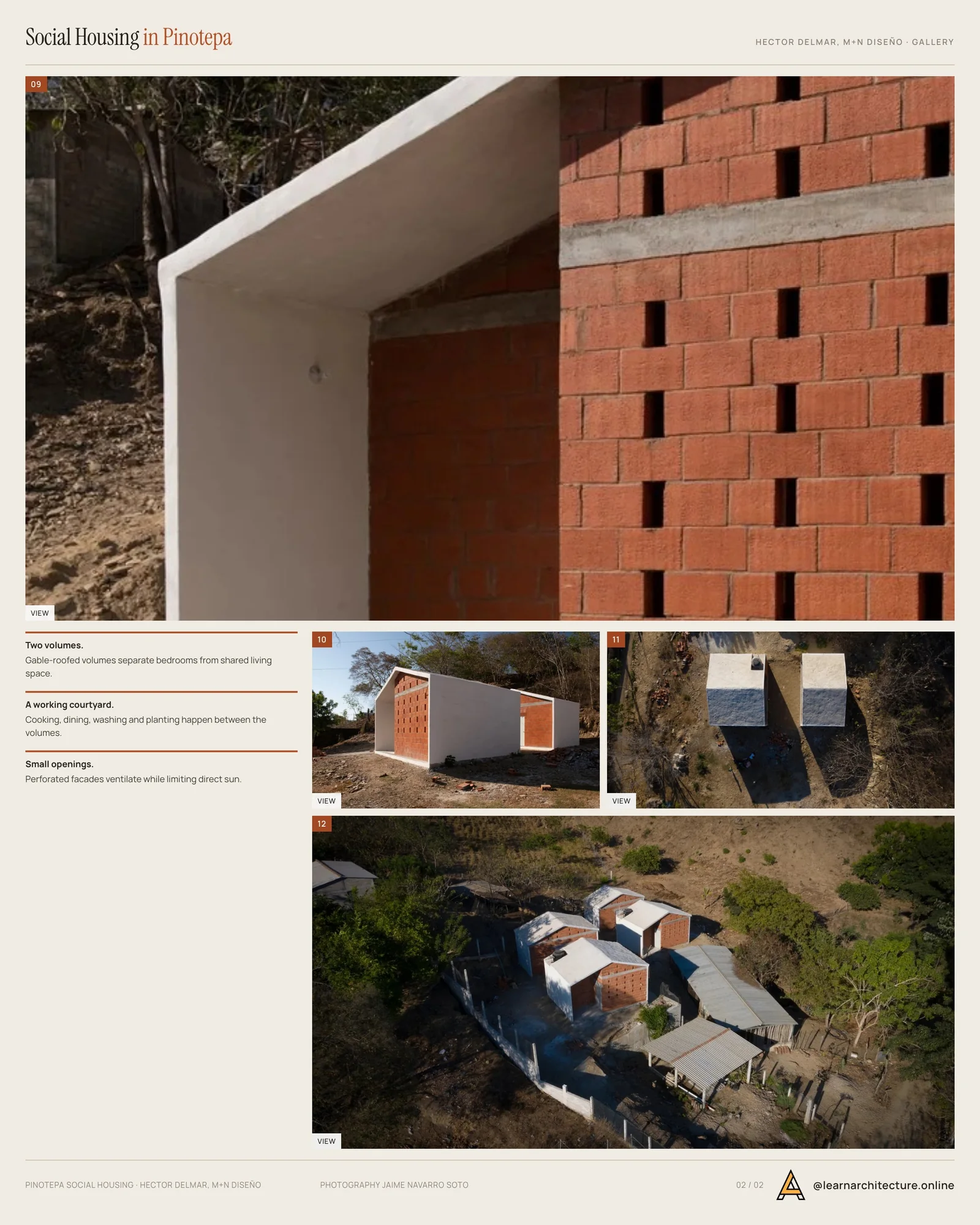 Second presentation board sheet for Social Housing in Pinotepa Nacional by HDA: Hector Delmar Arquitectura & M+N Diseño, laying out the project drawings and images on one page