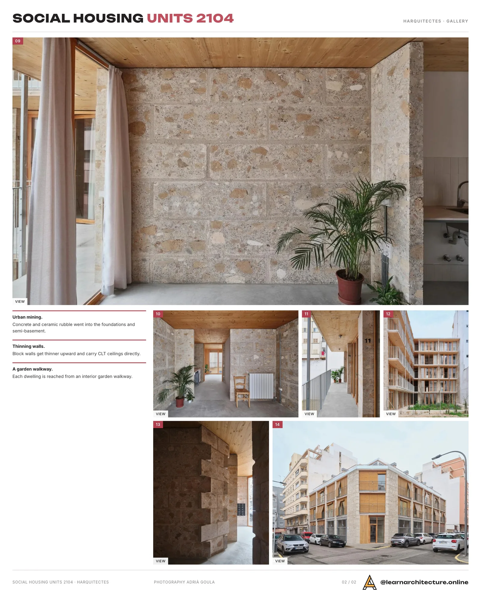 Second presentation board sheet for Social Housing Units 2104 by HARQUITECTES, laying out the project drawings and images on one page