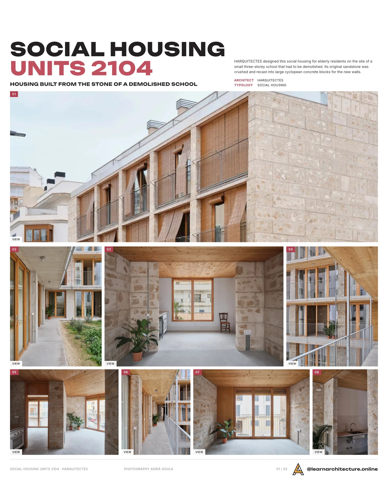 Presentation board cover for Social Housing Units 2104 by HARQUITECTES, with the lead image, project summary and a grid of photographs and drawings