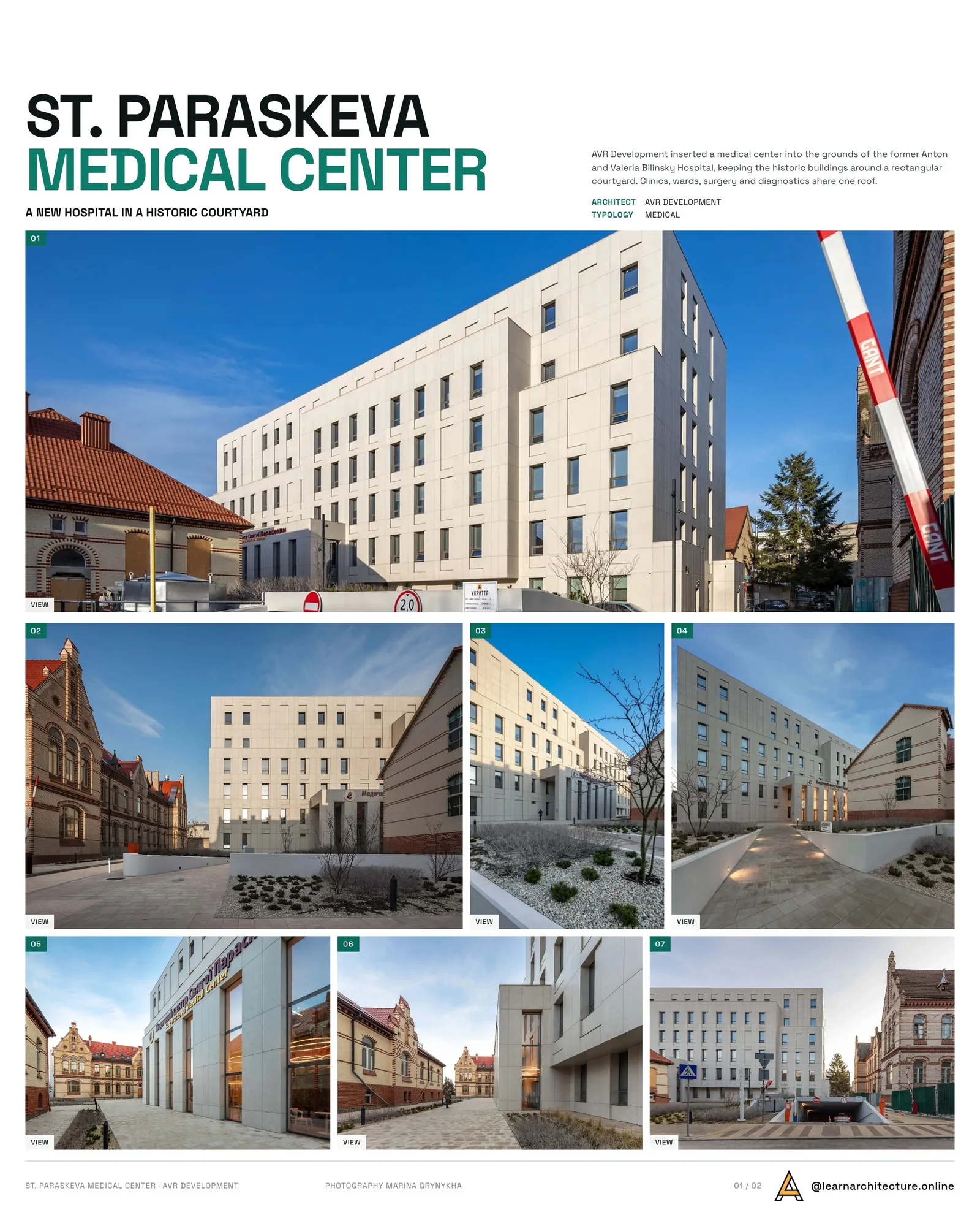 Presentation board cover for St. Paraskeva Medical Center by AVR Development, with the lead image, project summary and a grid of photographs and drawings
