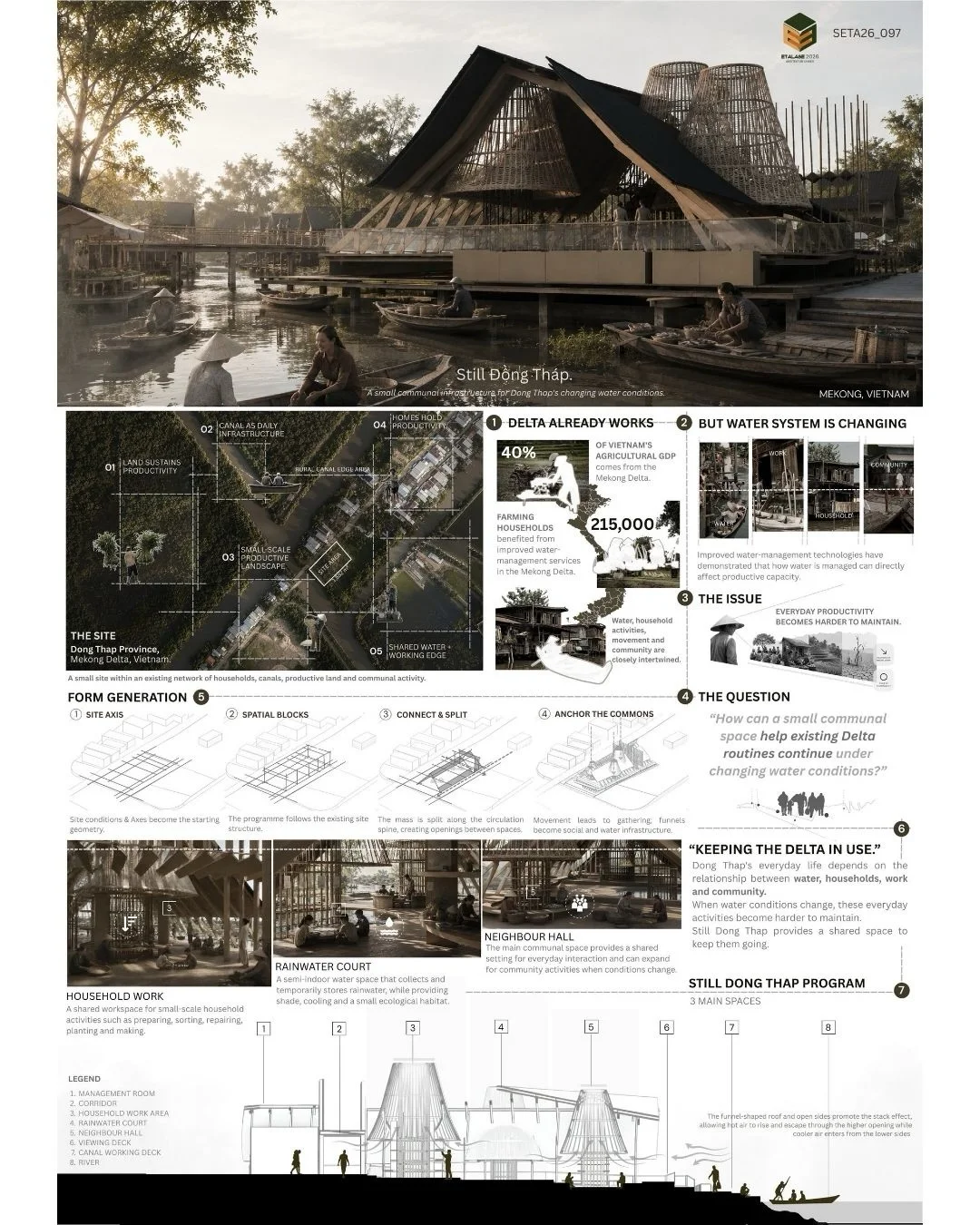 Dark toned competition board with renders, diagrams and dense project text, from a finalist entry