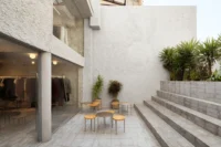 Rear patio with café tables, concrete steps and palms beside the shop glazing