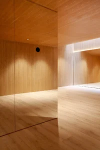 Corner of the timber clad studio with a mirrored wall and recessed lighting