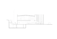 Section through the forecourt, shop and lower studio