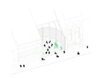 Axonometric showing people using the public forecourt behind the screen