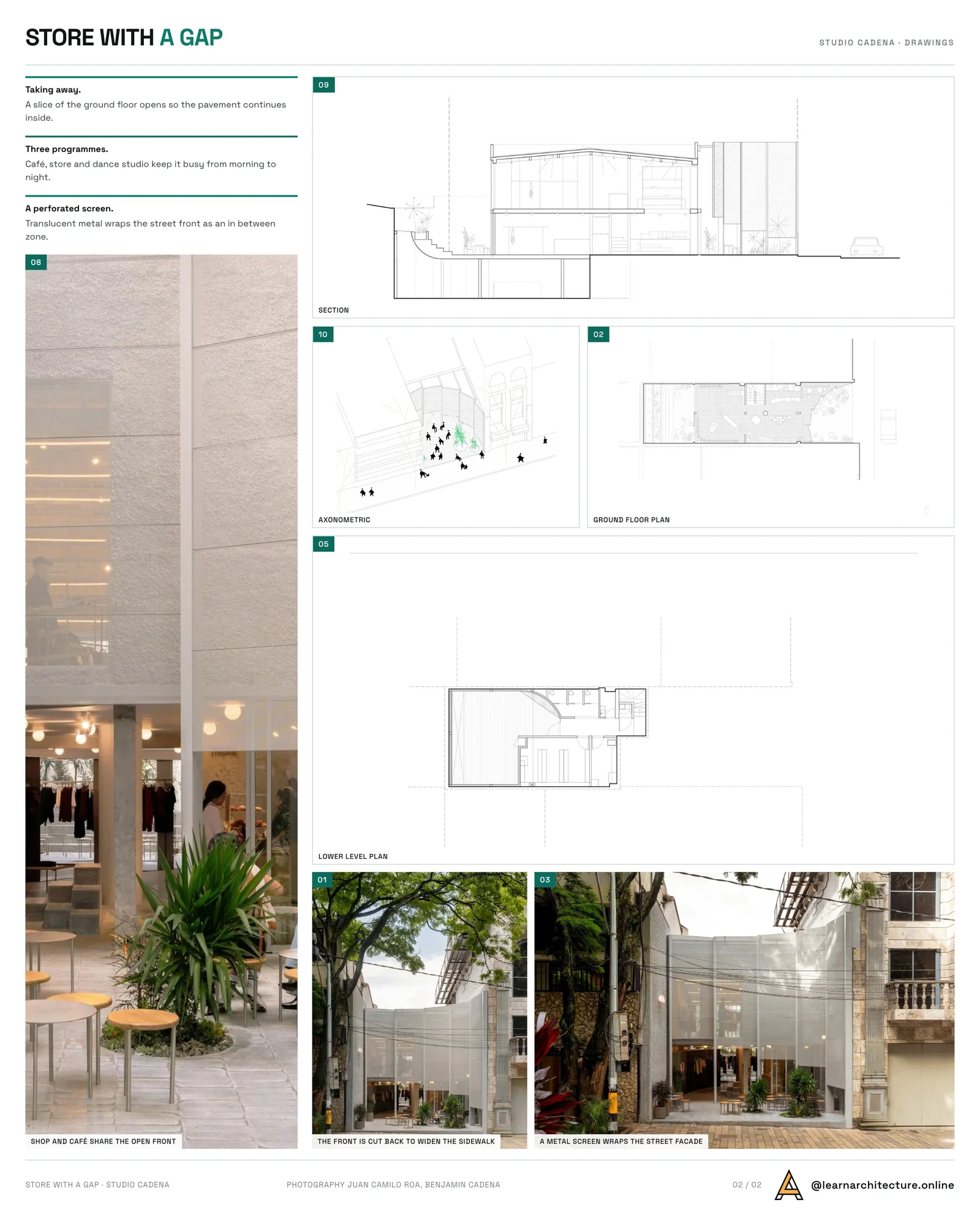 Second presentation board sheet for Store With A Gap by Studio Cadena, laying out the project drawings and images on one page