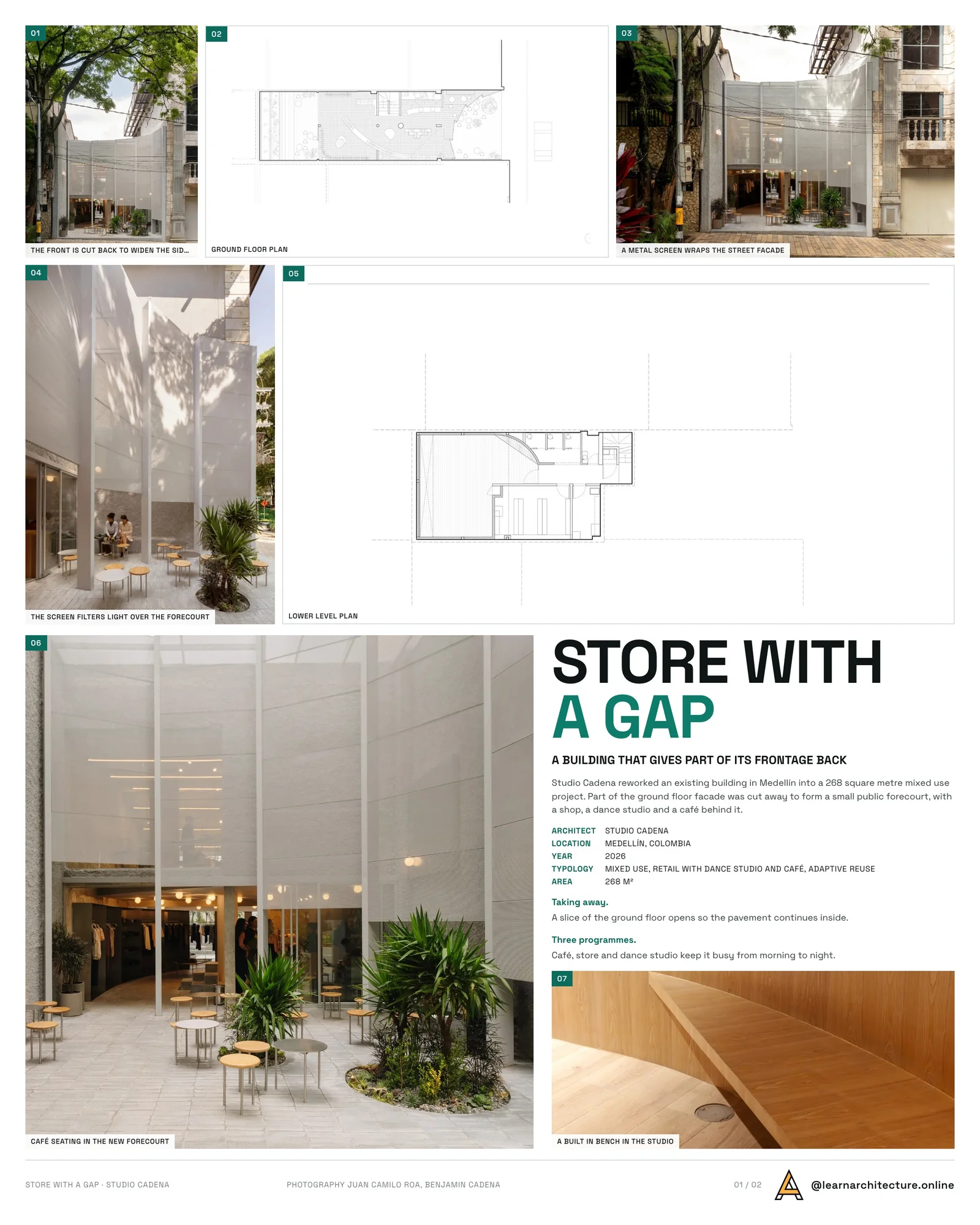 Presentation board cover for Store With A Gap by Studio Cadena, with the lead image, project summary and a grid of photographs and drawings