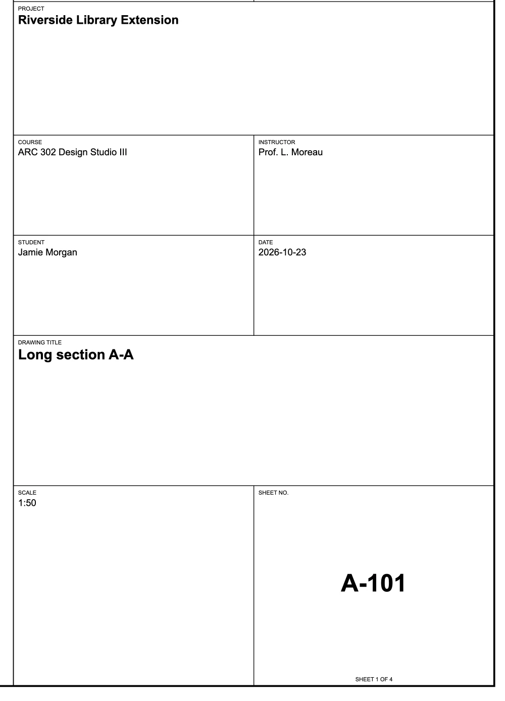 Student title block on an A1 sheet with project, course, instructor, student, date, drawing title, scale and sheet number