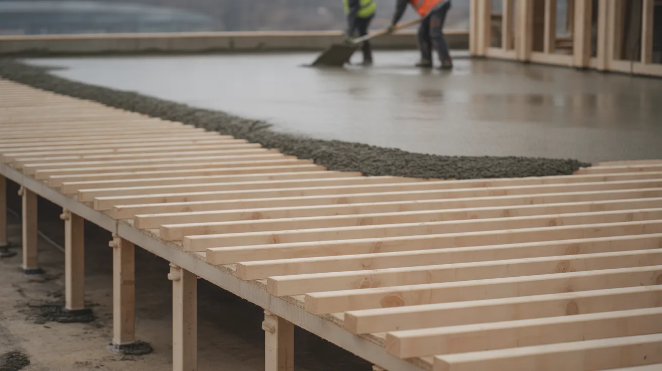 Workers spreading fresh concrete over a timber floor deck on a building site