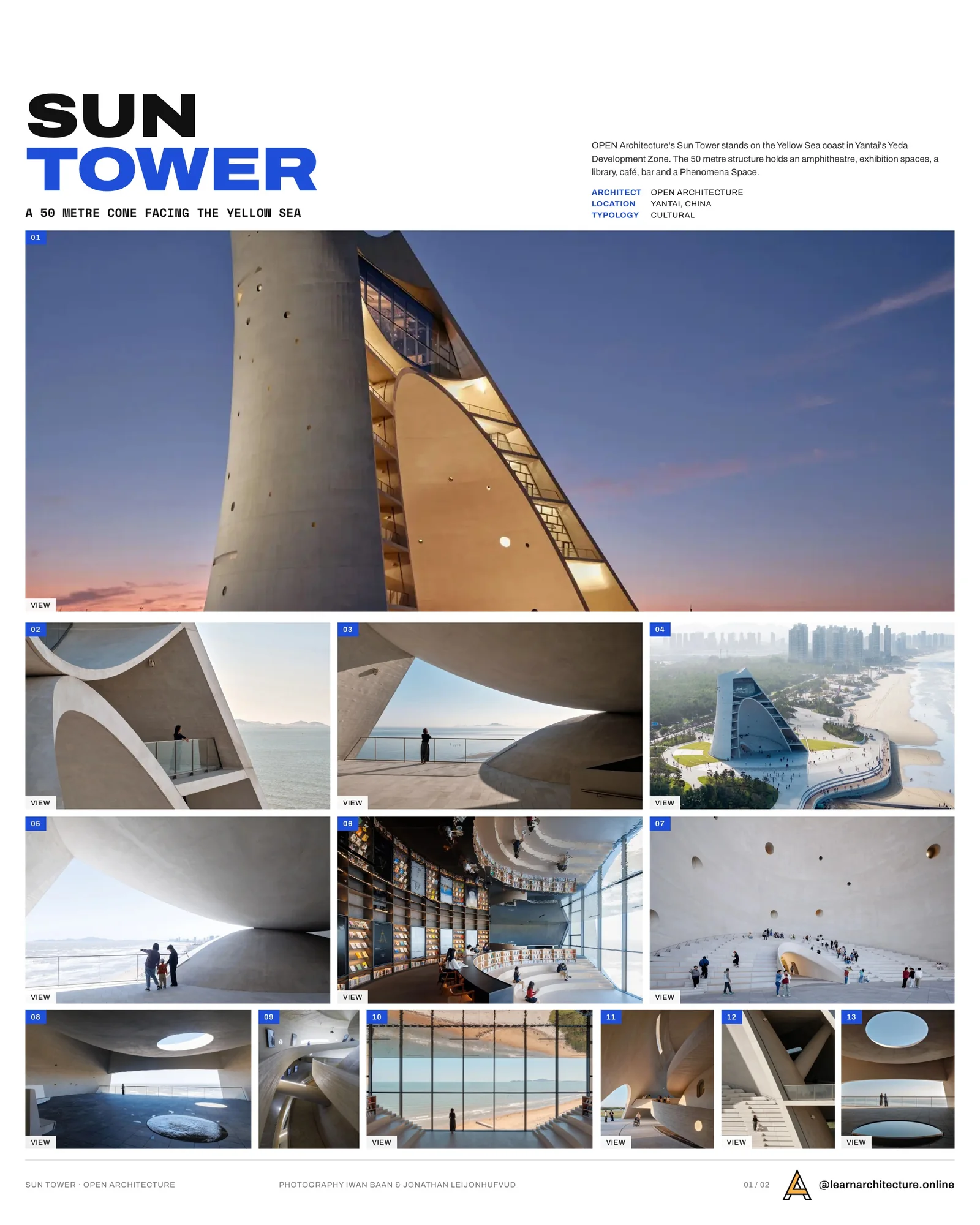 Presentation board cover for Sun Tower by OPEN Architecture, with the lead image, project summary and a grid of photographs and drawings