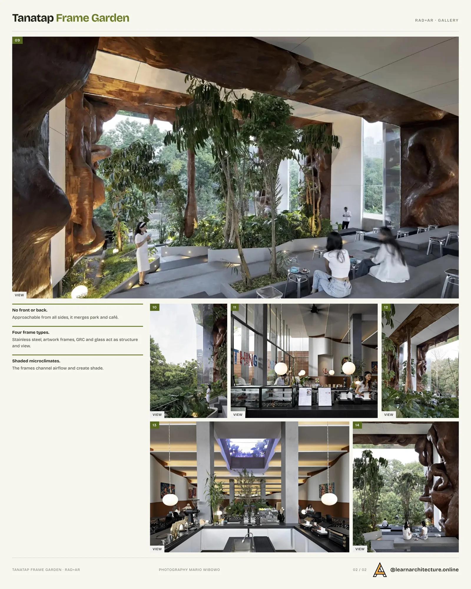 Second presentation board sheet for Tanatap Frame Garden by RAD+ar (Research Artistic Design + architecture), laying out the project drawings and images on one page