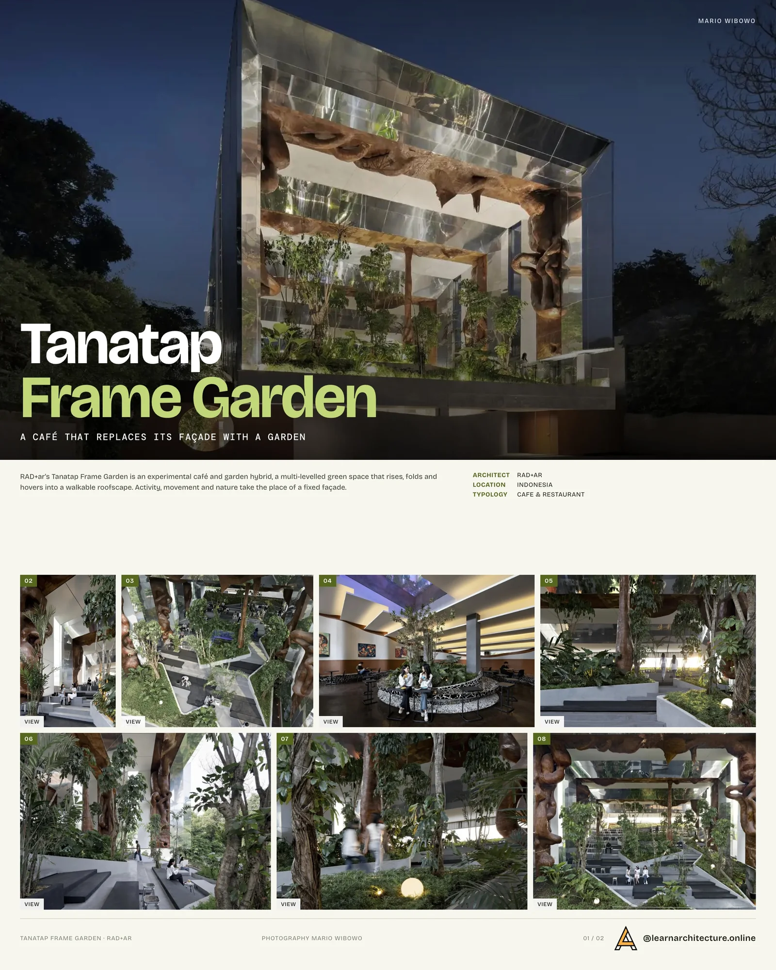Presentation board cover for Tanatap Frame Garden by RAD+ar (Research Artistic Design + architecture), with the lead image, project summary and a grid of photographs and drawings