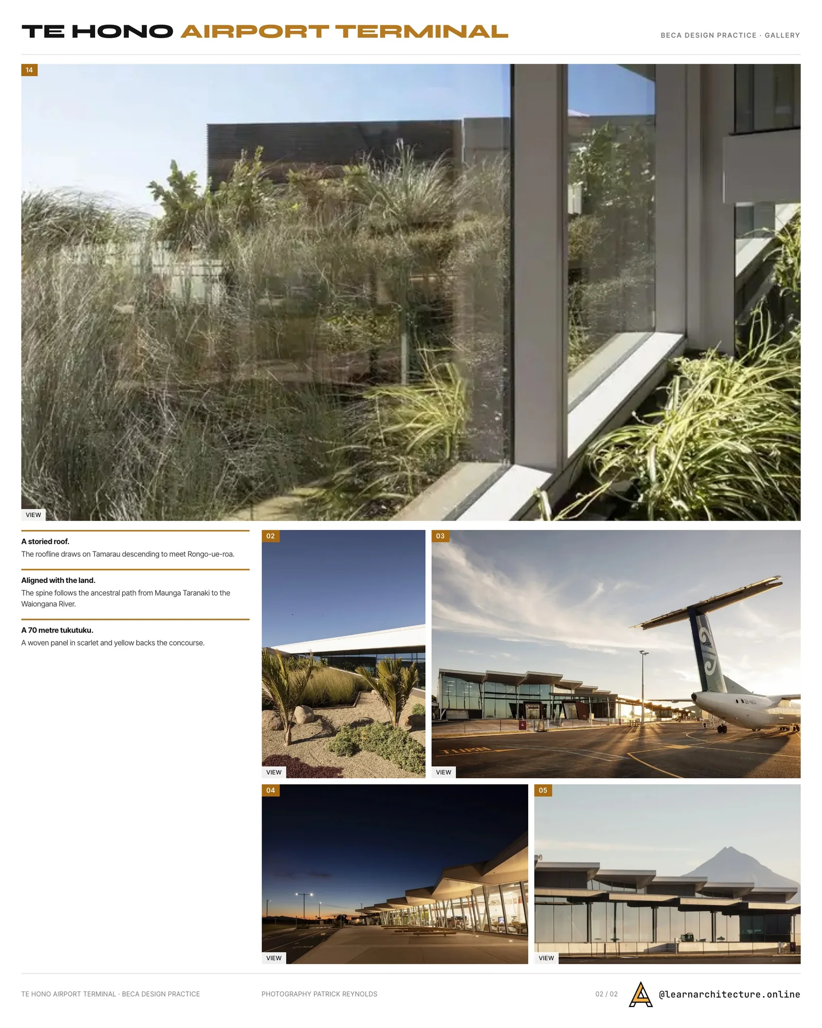 Second presentation board sheet for Te Hono: New Plymouth Airport Terminal by Beca Design Practice, laying out the project drawings and images on one page
