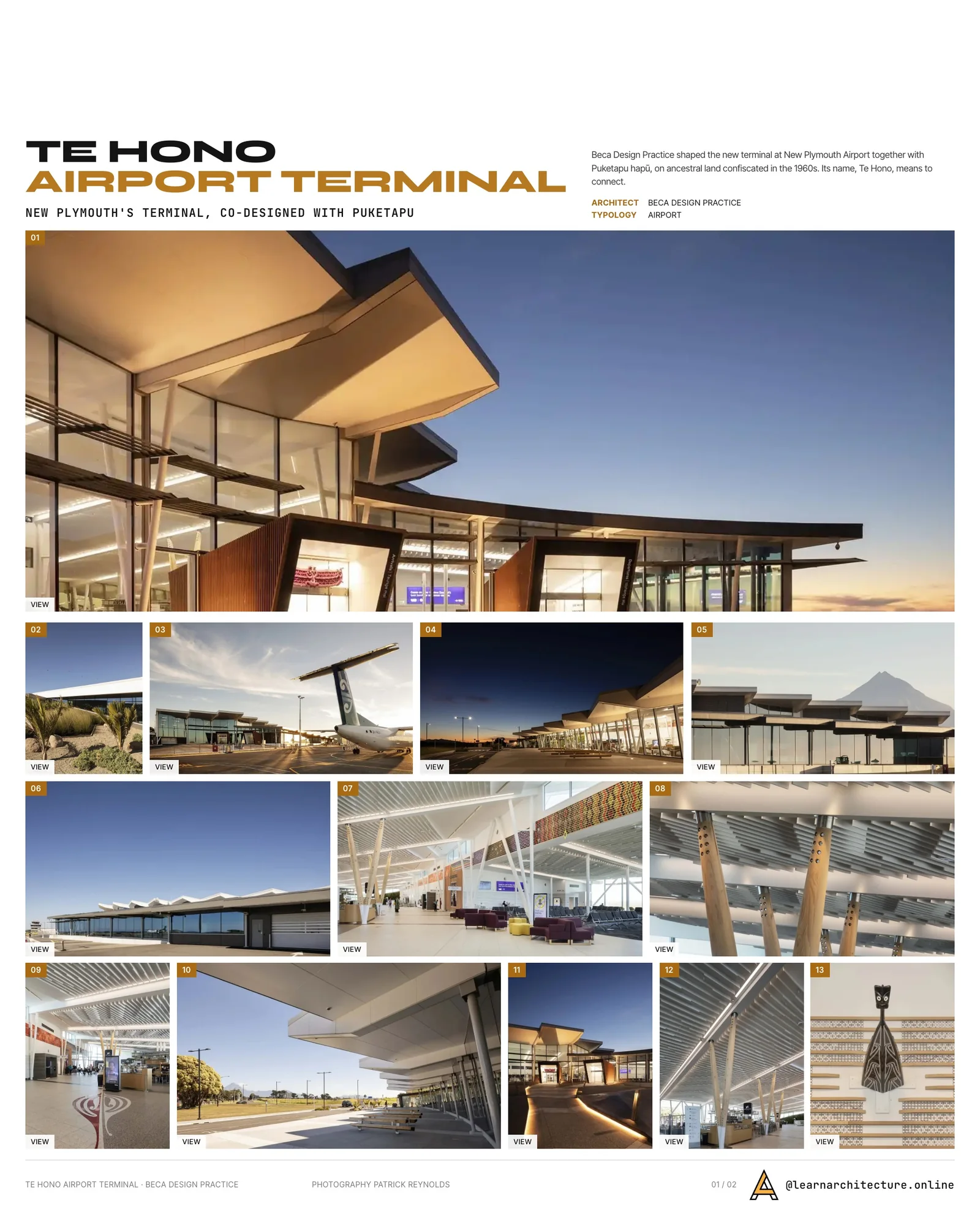 Presentation board cover for Te Hono: New Plymouth Airport Terminal by Beca Design Practice, with the lead image, project summary and a grid of photographs and drawings