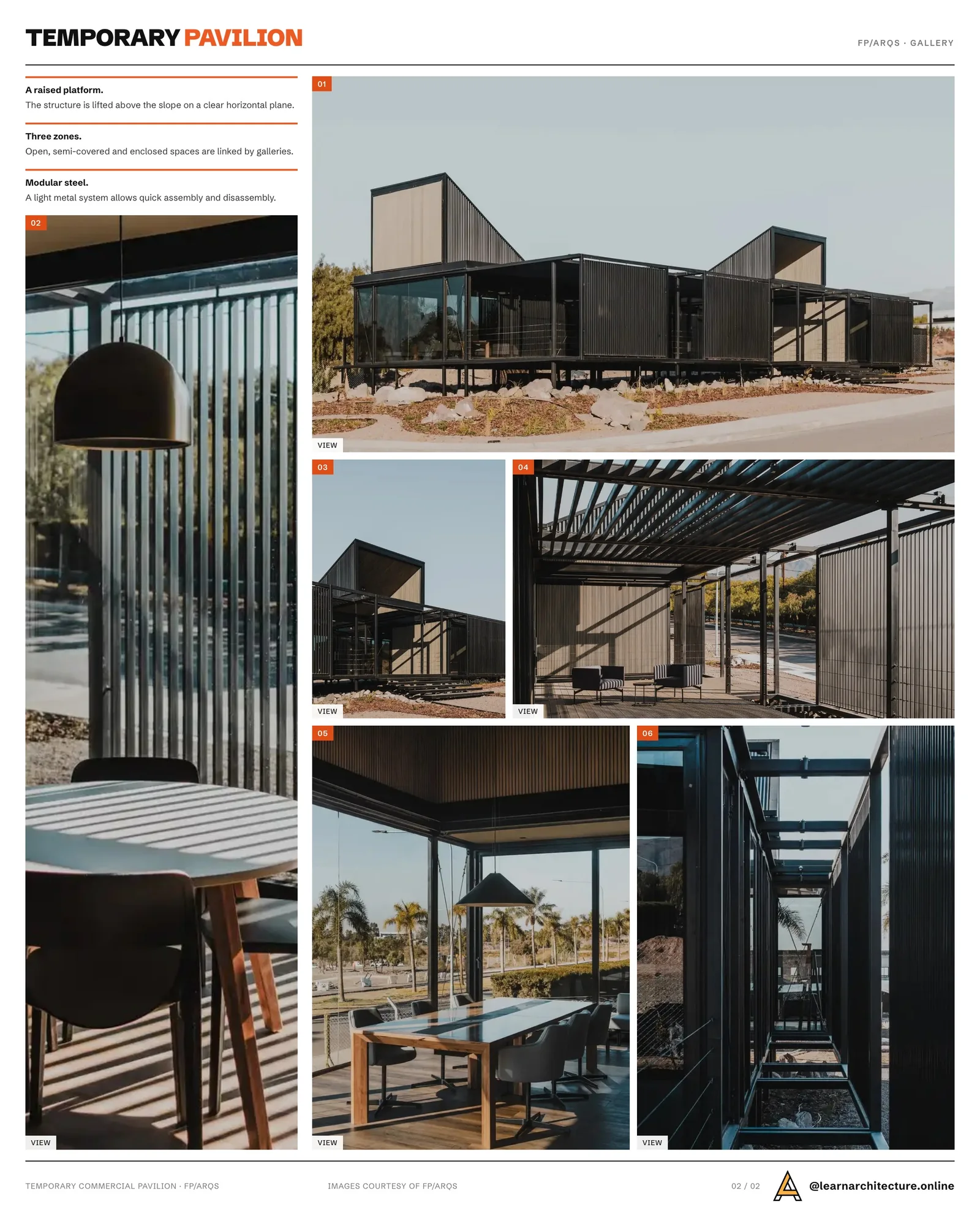 Second presentation board sheet for Temporary Commercial Pavilion - Visitor Center by FP/ARQS., laying out the project drawings and images on one page