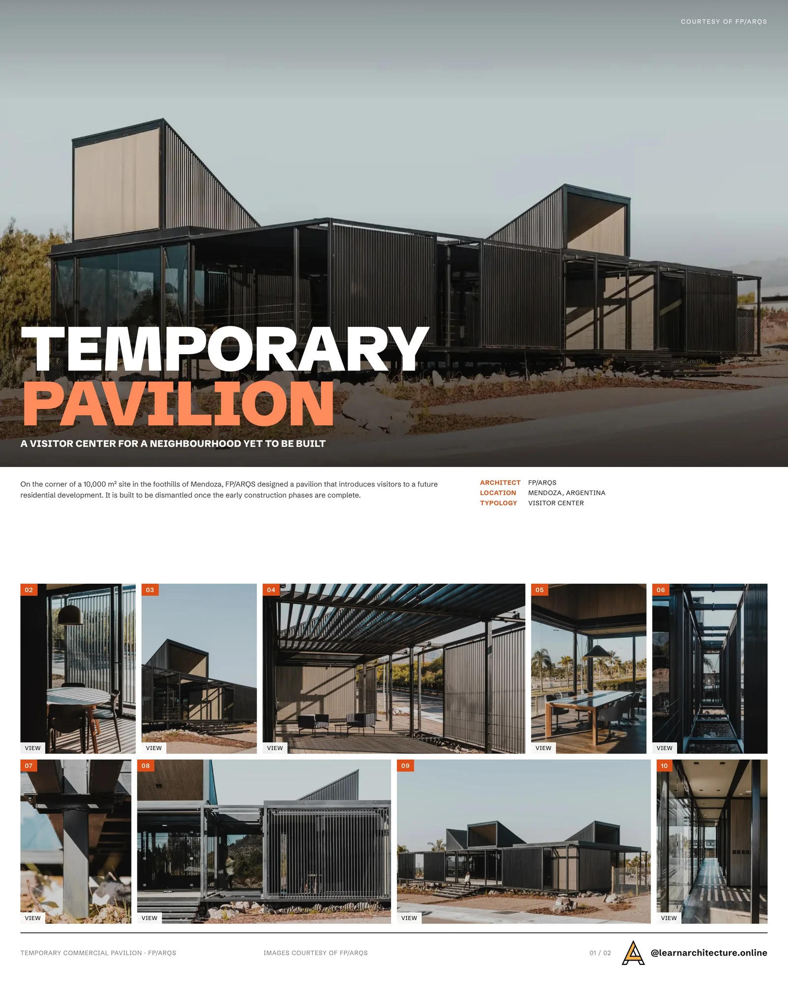 Presentation board cover for Temporary Commercial Pavilion - Visitor Center by FP/ARQS., with the lead image, project summary and a grid of photographs and drawings