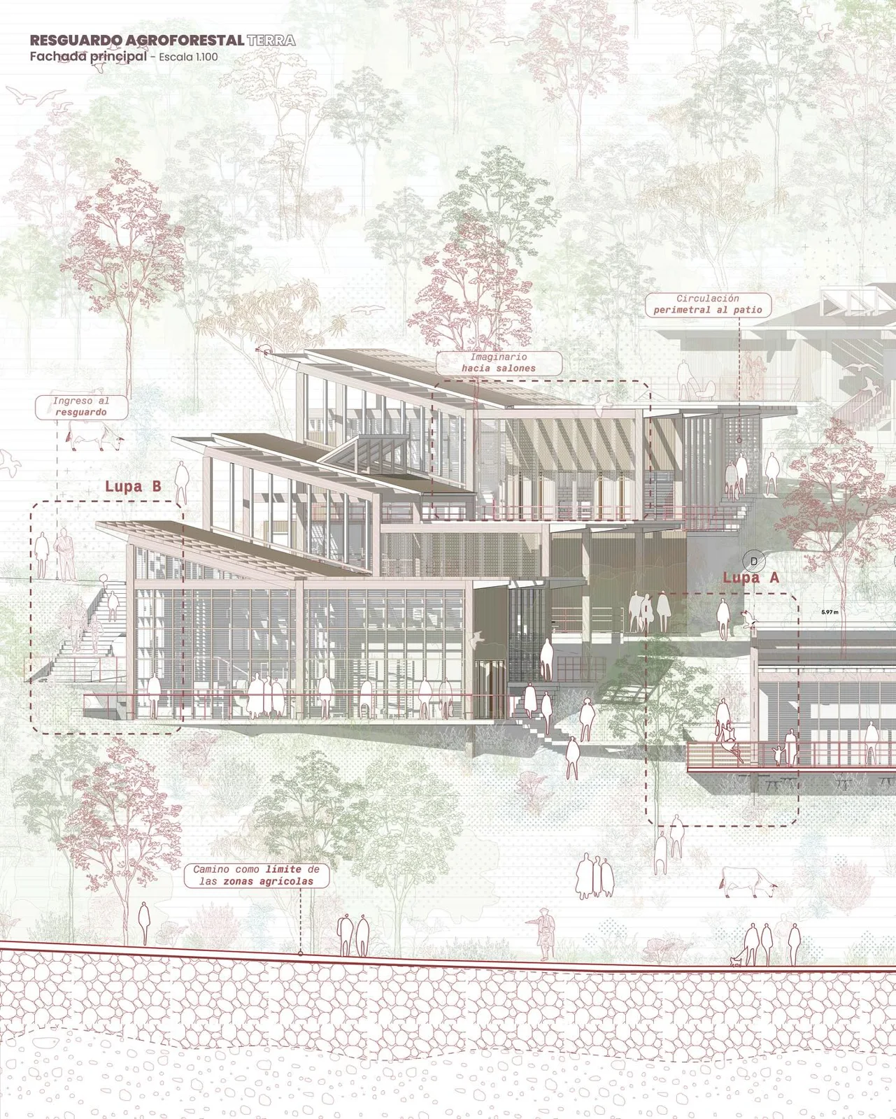 Perspective section render of a timber building showing two levels among trees