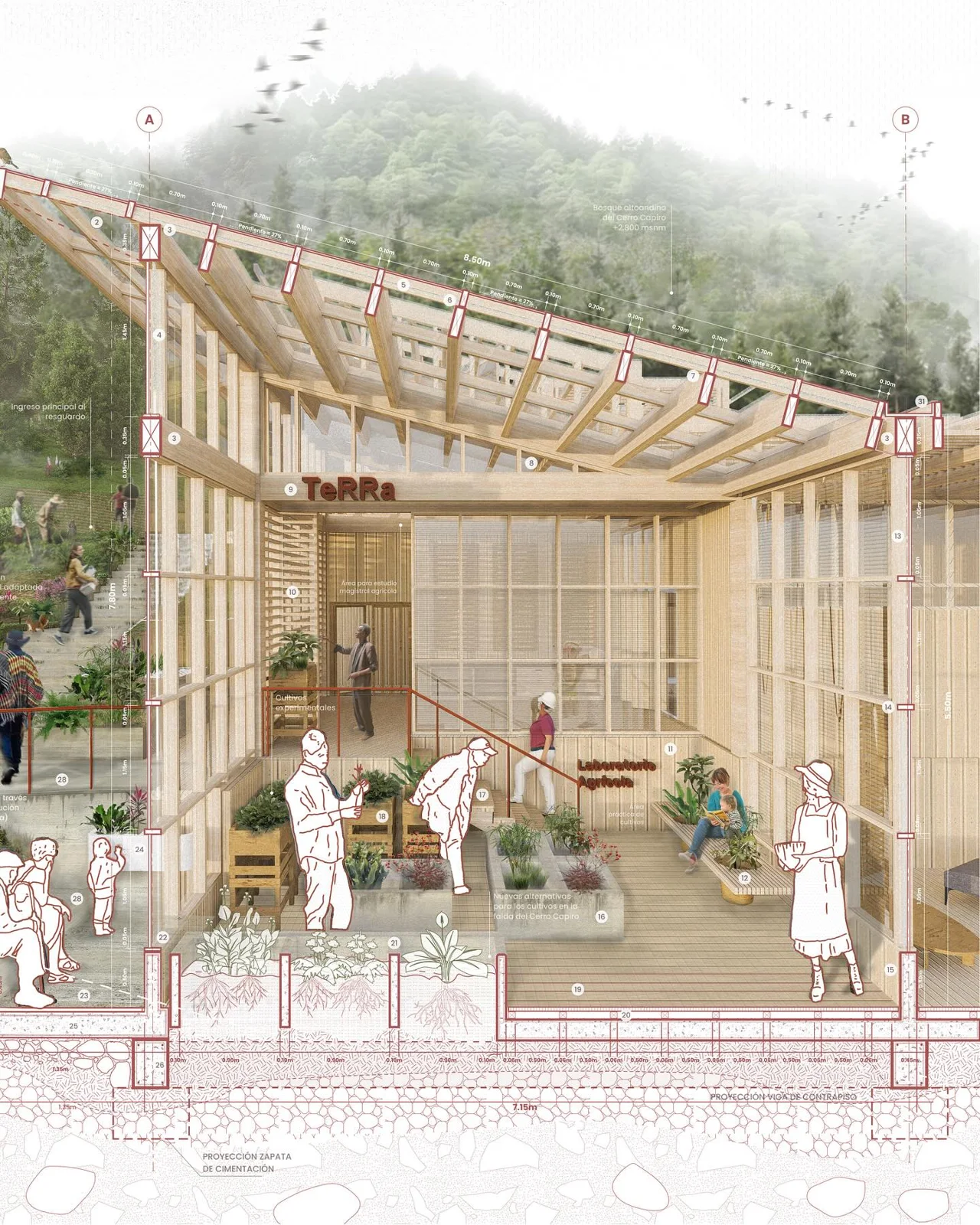 Perspective section of a timber greenhouse refuge with people, plants and soil layers