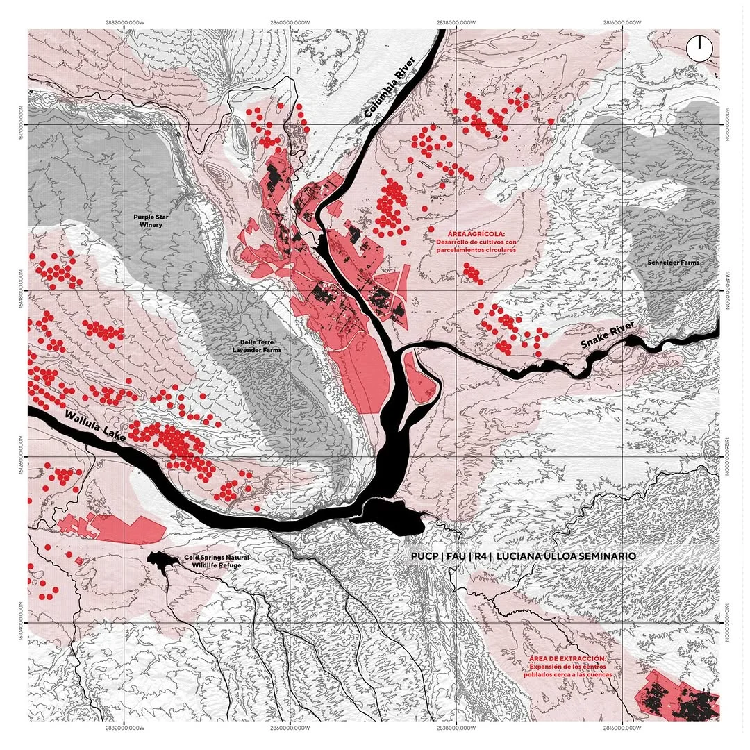 Territorial cartography of a river confluence mapping agricultural zones, extraction areas and ecological pressure with red density dots
