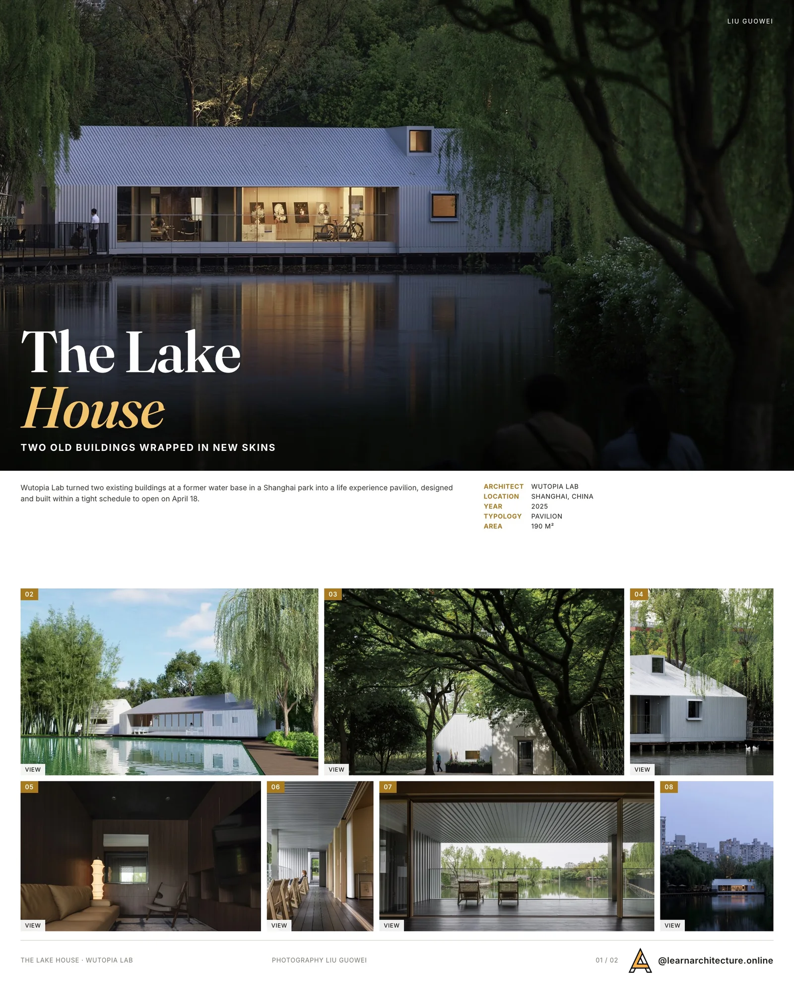 Presentation board cover for The Lake House by Wutopia Lab, with the lead image, project summary and a grid of photographs and drawings