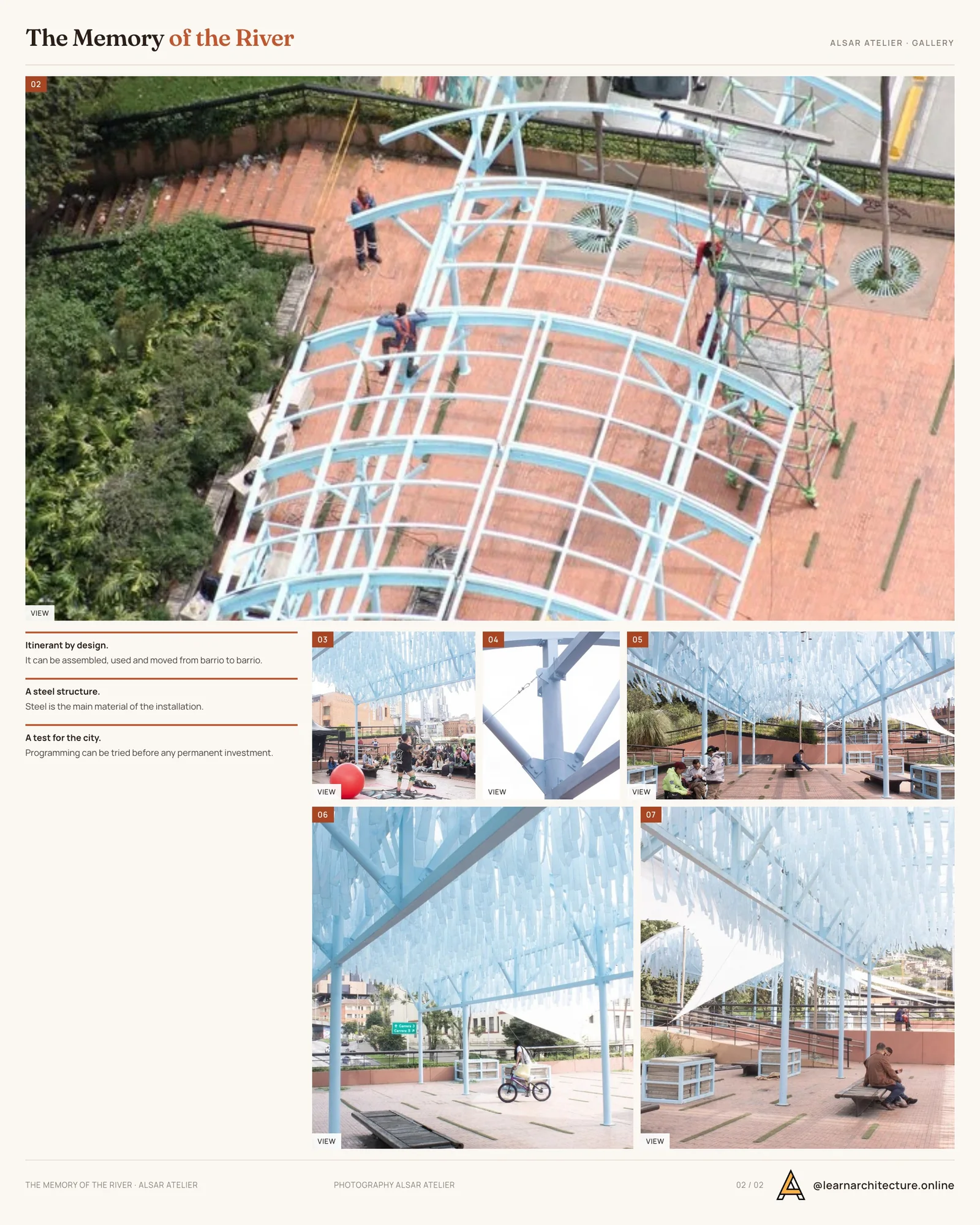 Second presentation board sheet for The Memory of the River by Alsar Atelier, SCRD, El Lider S.A.S & INGEACERO, laying out the project drawings and images on one page