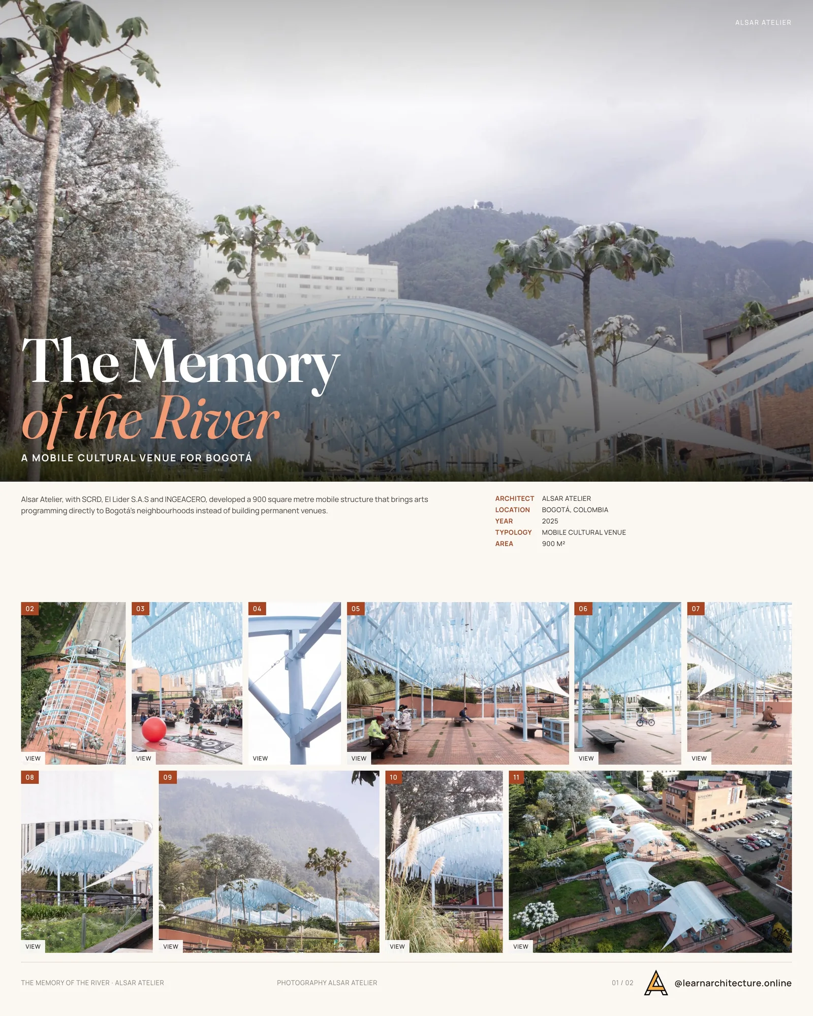 Presentation board cover for The Memory of the River by Alsar Atelier, SCRD, El Lider S.A.S & INGEACERO, with the lead image, project summary and a grid of photographs and drawings
