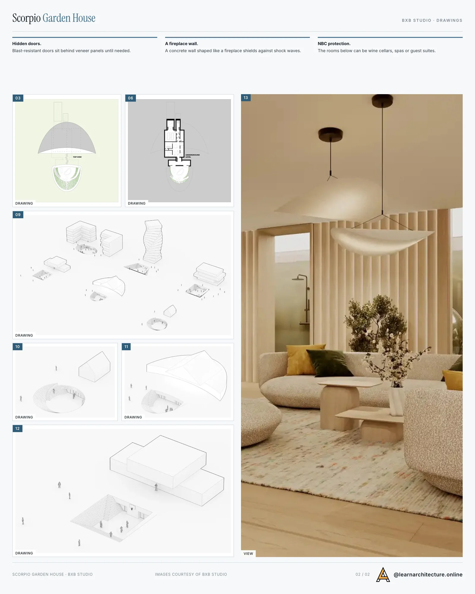 Second presentation board sheet for The Scorpio Garden House by BXB Studio, laying out the project drawings and images on one page
