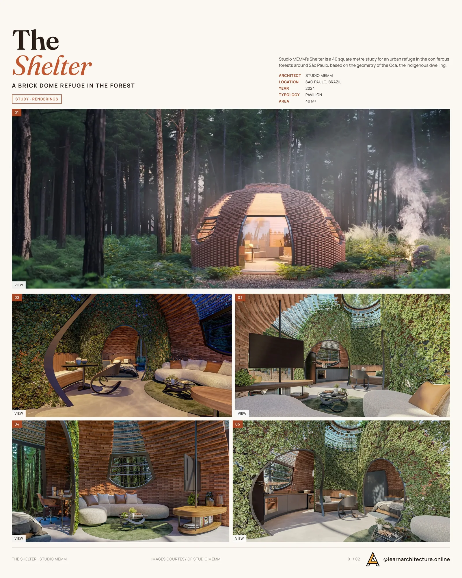 Presentation board cover for The Shelter in São Paulo, with the lead image, project summary and a grid of photographs and drawings