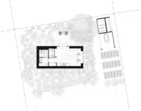 Site plan showing the cabin among planting, the outdoor bath and vegetable beds, The Yakisugi Cabin