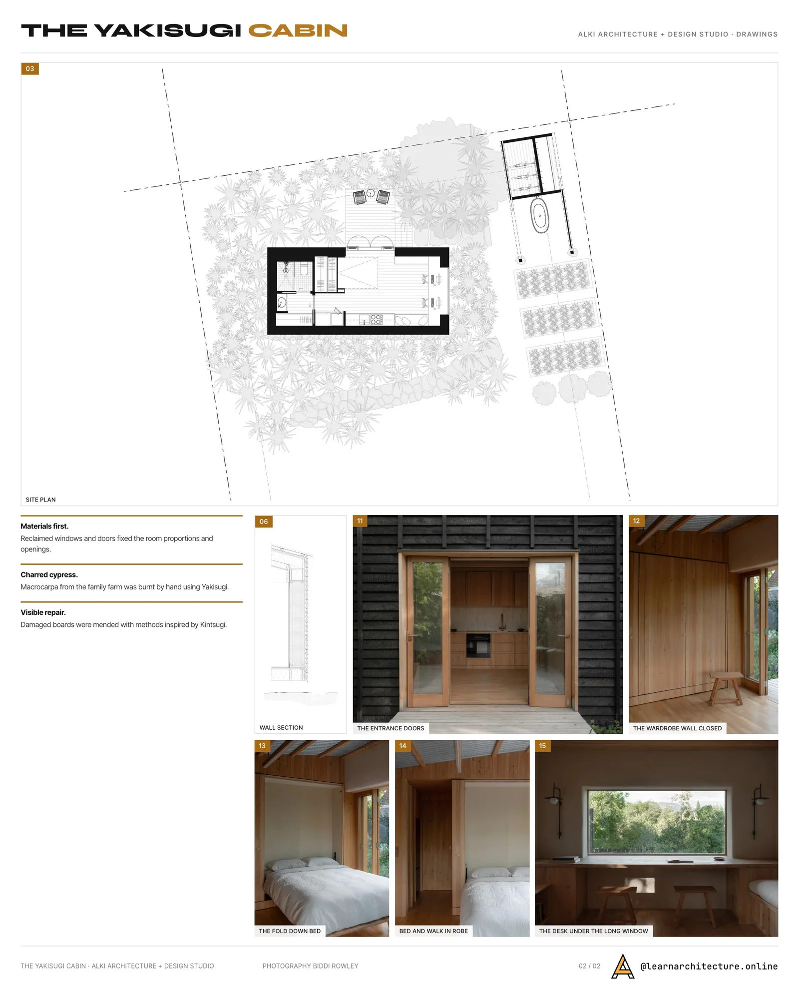 Second presentation board sheet for The Yakisugi Cabin by Alki Architecture + Design Studio, laying out the project drawings and images on one page