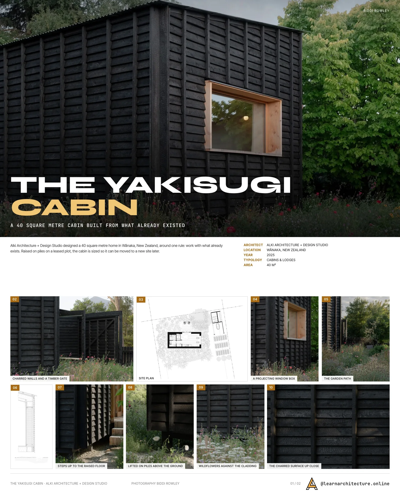 Presentation board cover for The Yakisugi Cabin by Alki Architecture + Design Studio, with the lead image, project summary and a grid of photographs and drawings