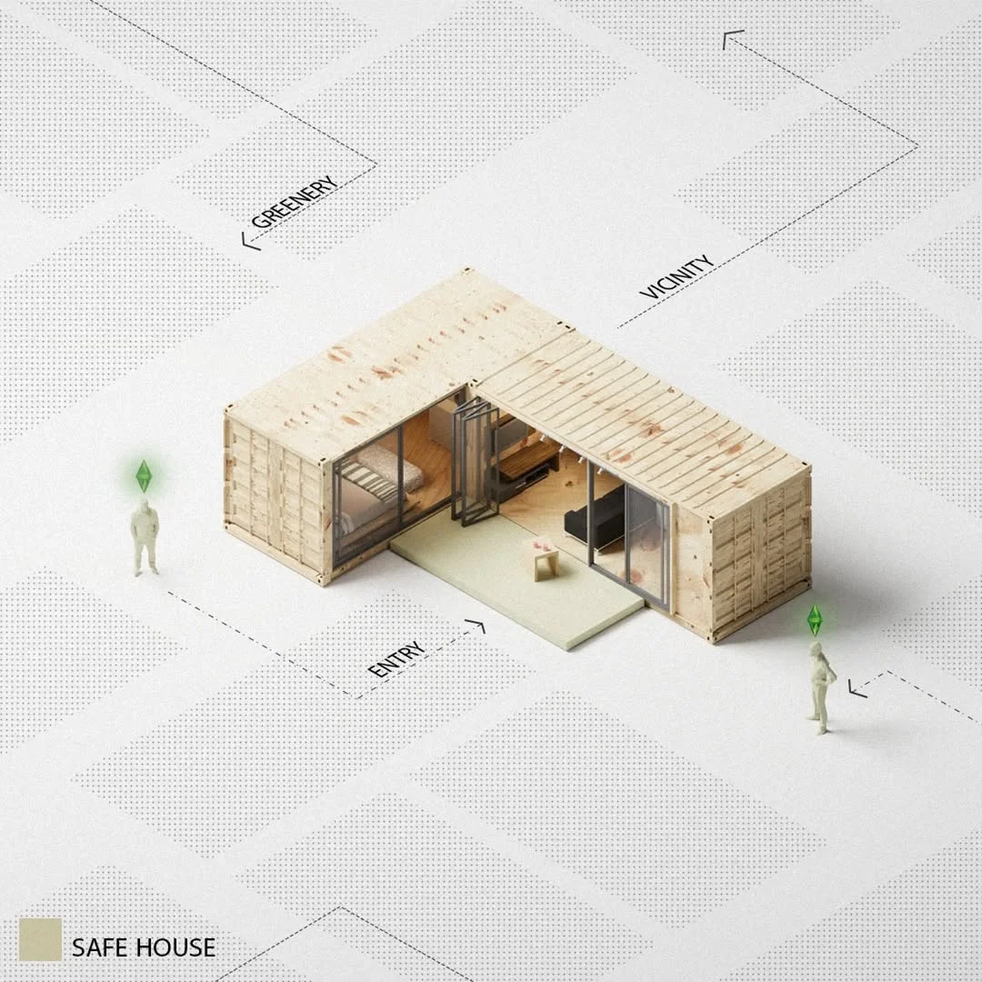 Axonometric of a modular timber safe house unit with labeled entry, greenery and surrounding context