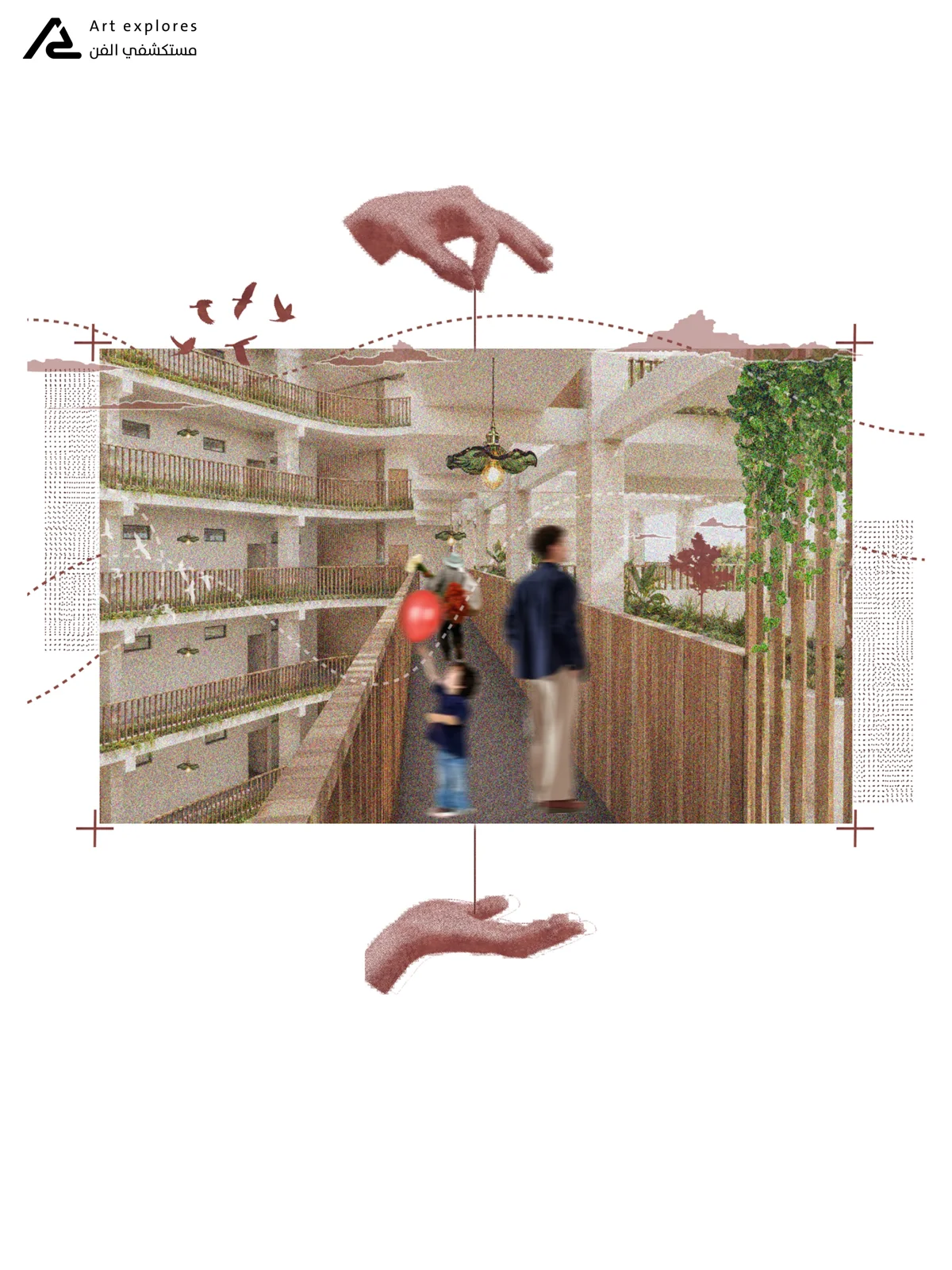 Photomontage of a planted timber interior terrace with people framed by illustrated hands
