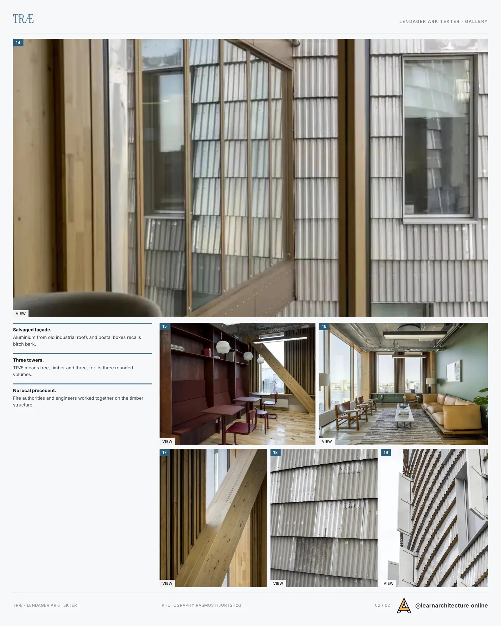 Second presentation board sheet for TRÆ High-Rise Building by Lendager Arkitekter, laying out the project drawings and images on one page