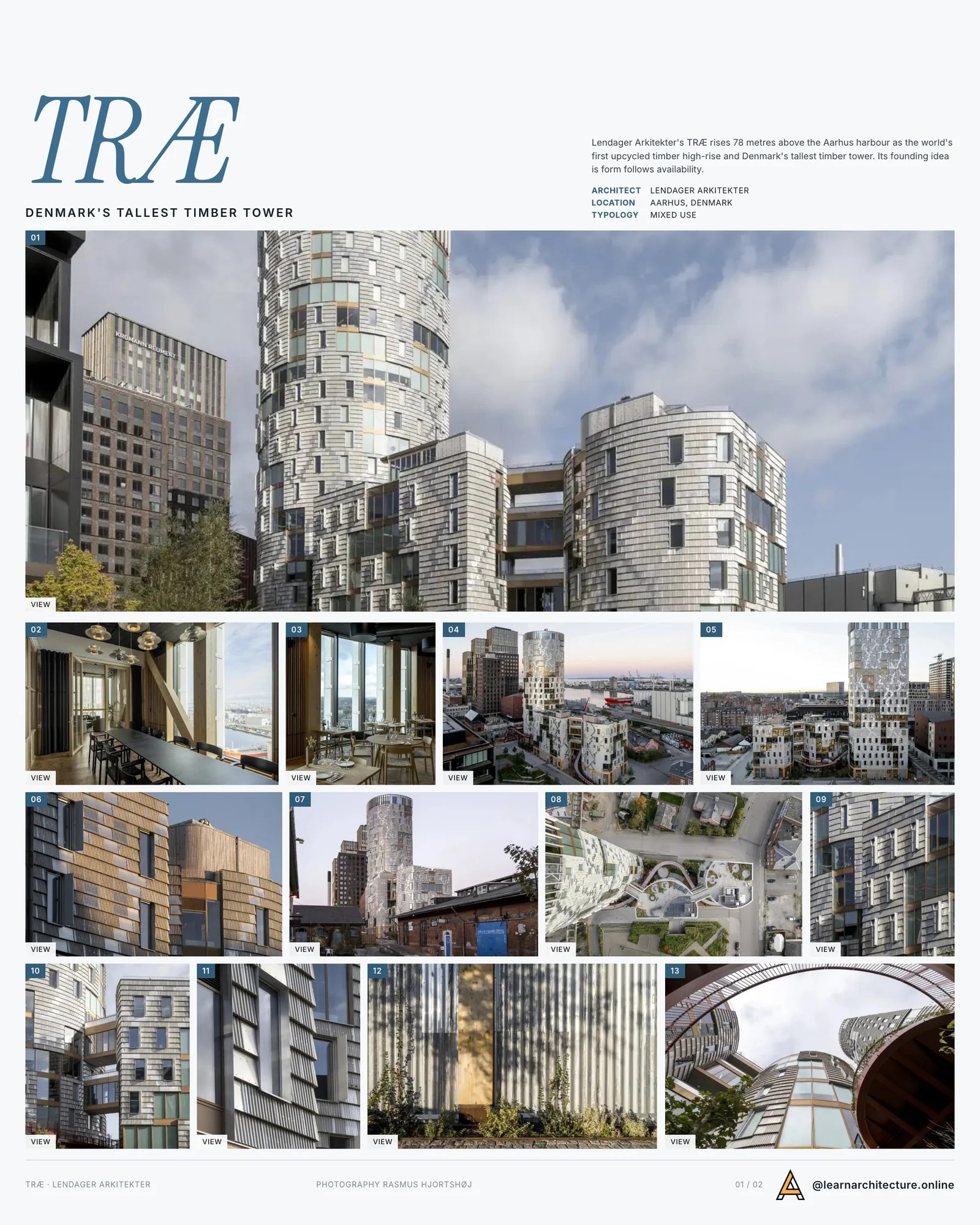 Presentation board cover for TRÆ High-Rise Building by Lendager Arkitekter, with the lead image, project summary and a grid of photographs and drawings