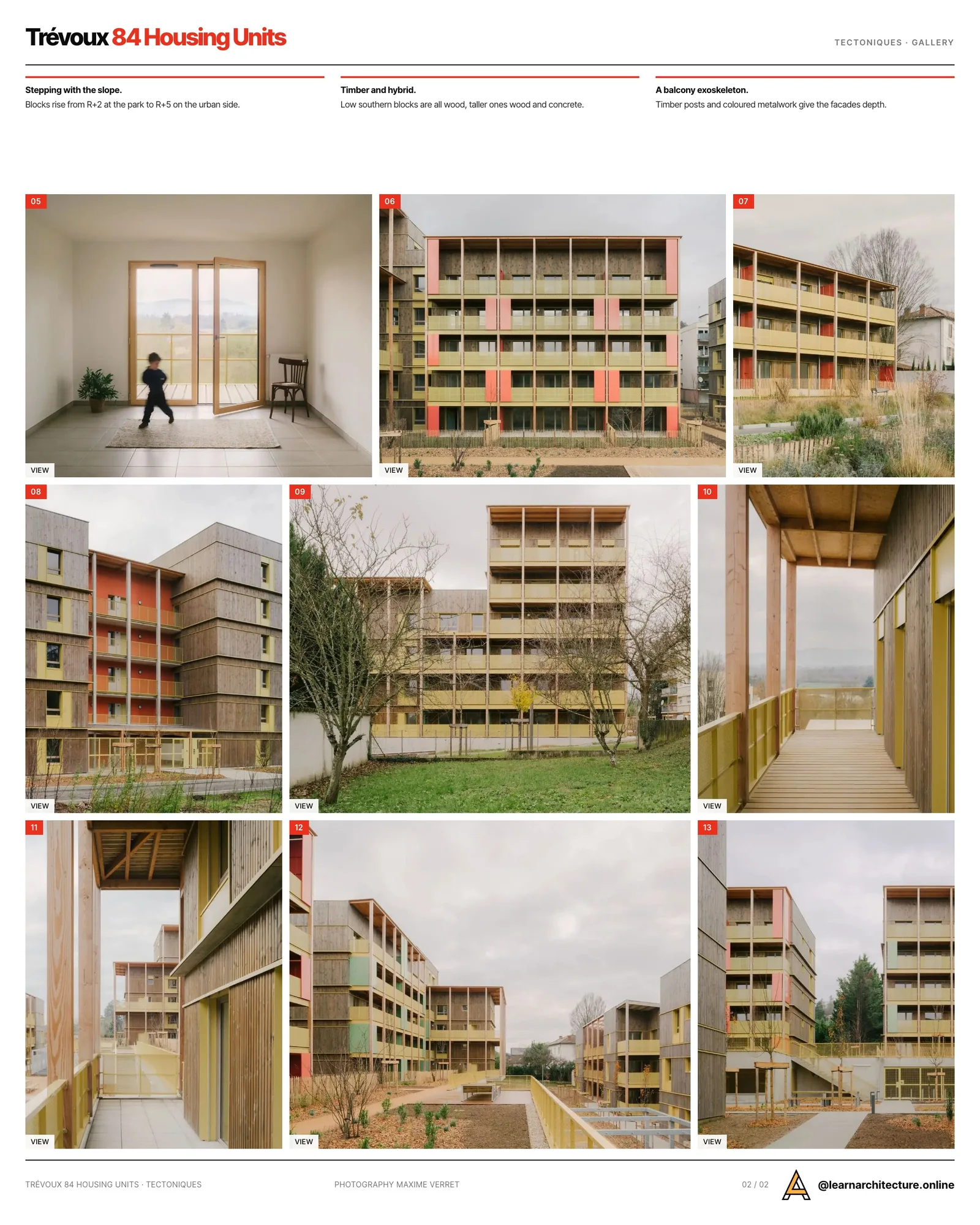 Second presentation board sheet for Trévoux 84 Housing Units by Tectoniques, laying out the project drawings and images on one page