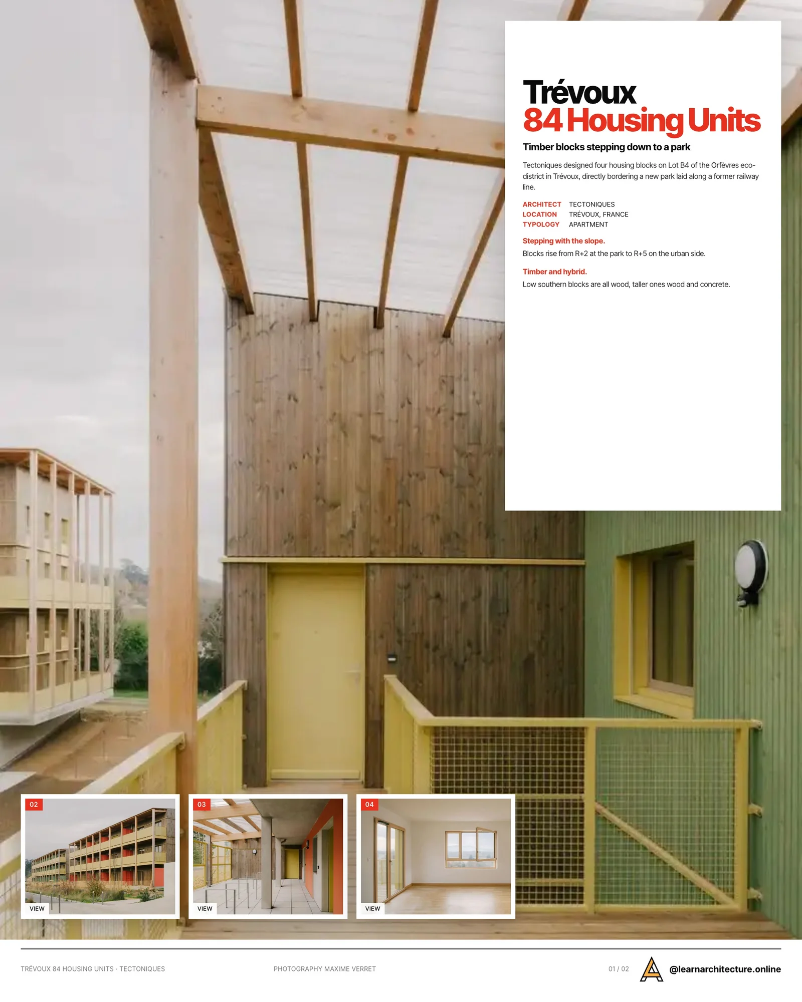 Presentation board cover for Trévoux 84 Housing Units by Tectoniques, with the lead image, project summary and a grid of photographs and drawings