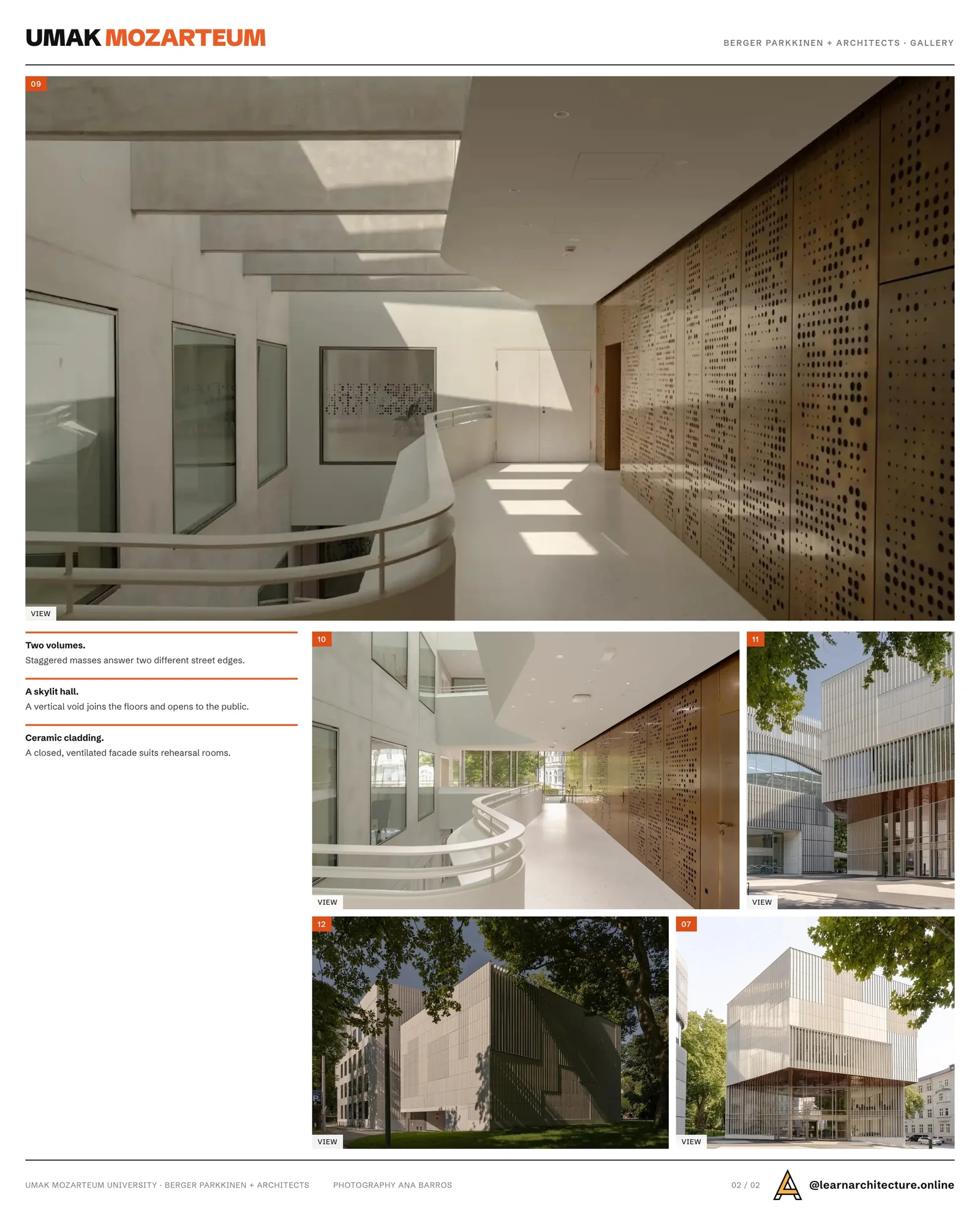 Second presentation board sheet for UMAK Mozarteum University by Berger Parkkinen + Architects, laying out the project drawings and images on one page