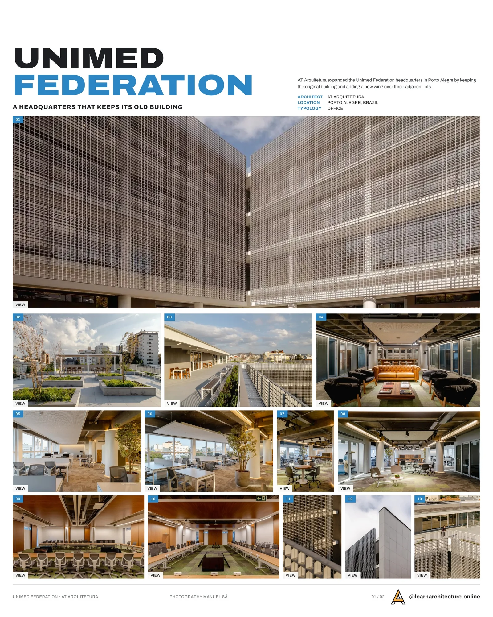 Presentation board cover for Unimed Federation by AT Arquitetura, with the lead image, project summary and a grid of photographs and drawings