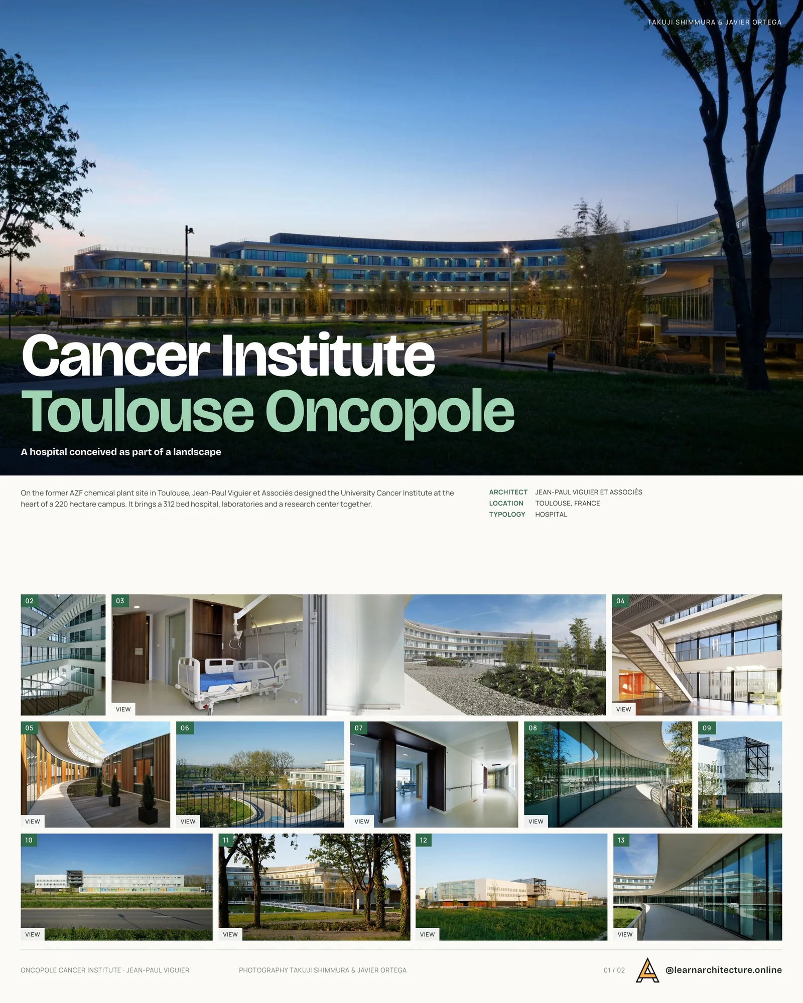 Presentation board cover for University Cancer Institute Toulouse Oncopole by Jean-Paul Viguier et Associés, with the lead image, project summary and a grid of photographs and drawings