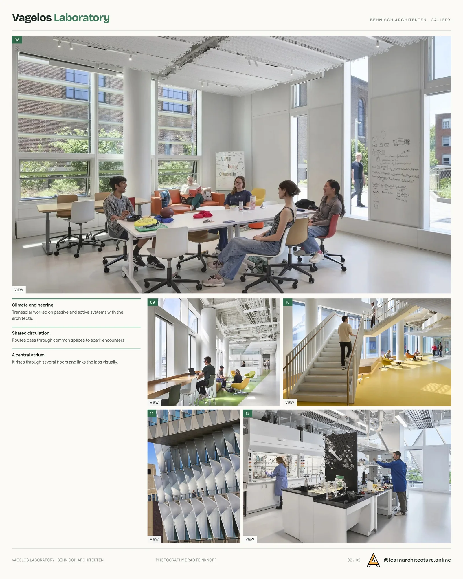Second presentation board sheet for University of Pennsylvania Vagelos Laboratory for Energy Science and Technology by Behnisch Architekten, laying out the project drawings and images on one page