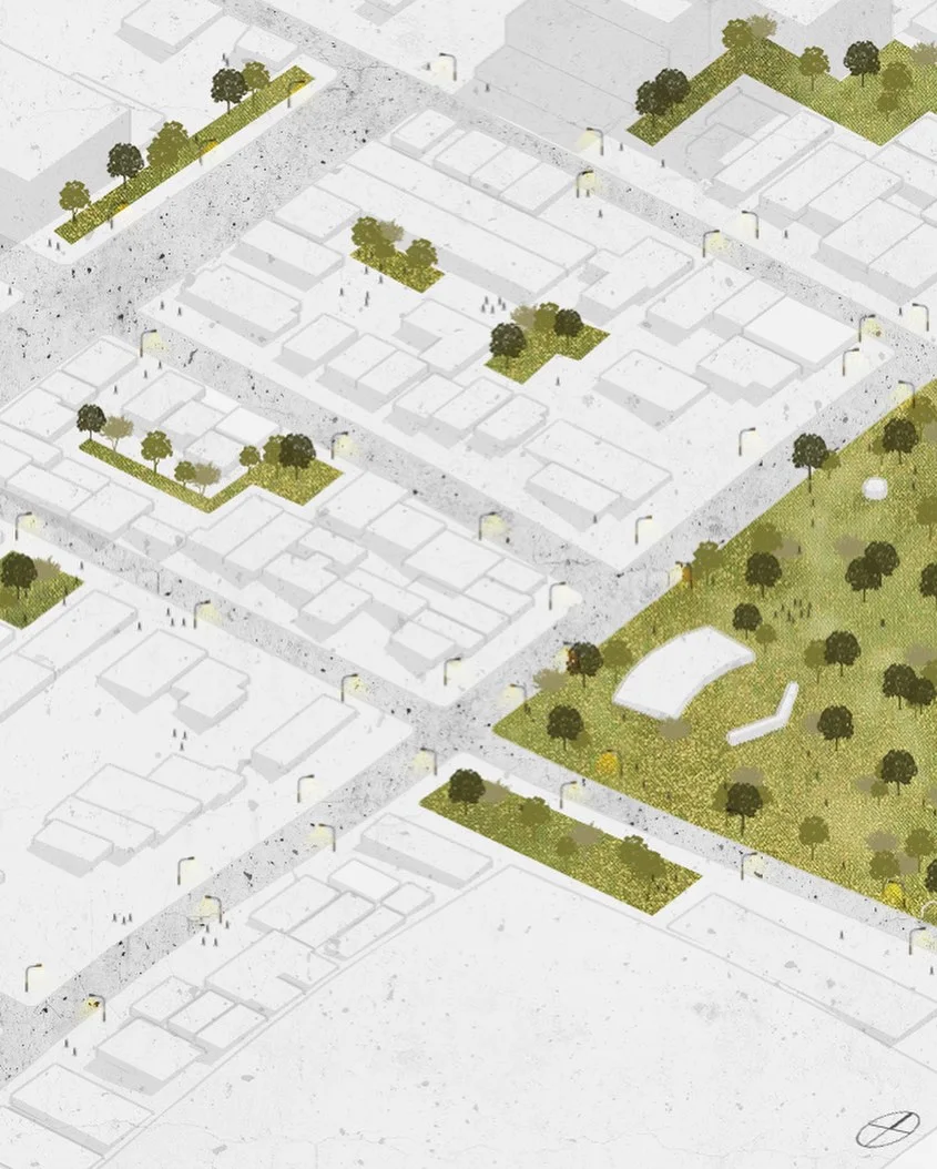 Aerial urban axonometric with tree canopies and green parks woven into a dense street grid
