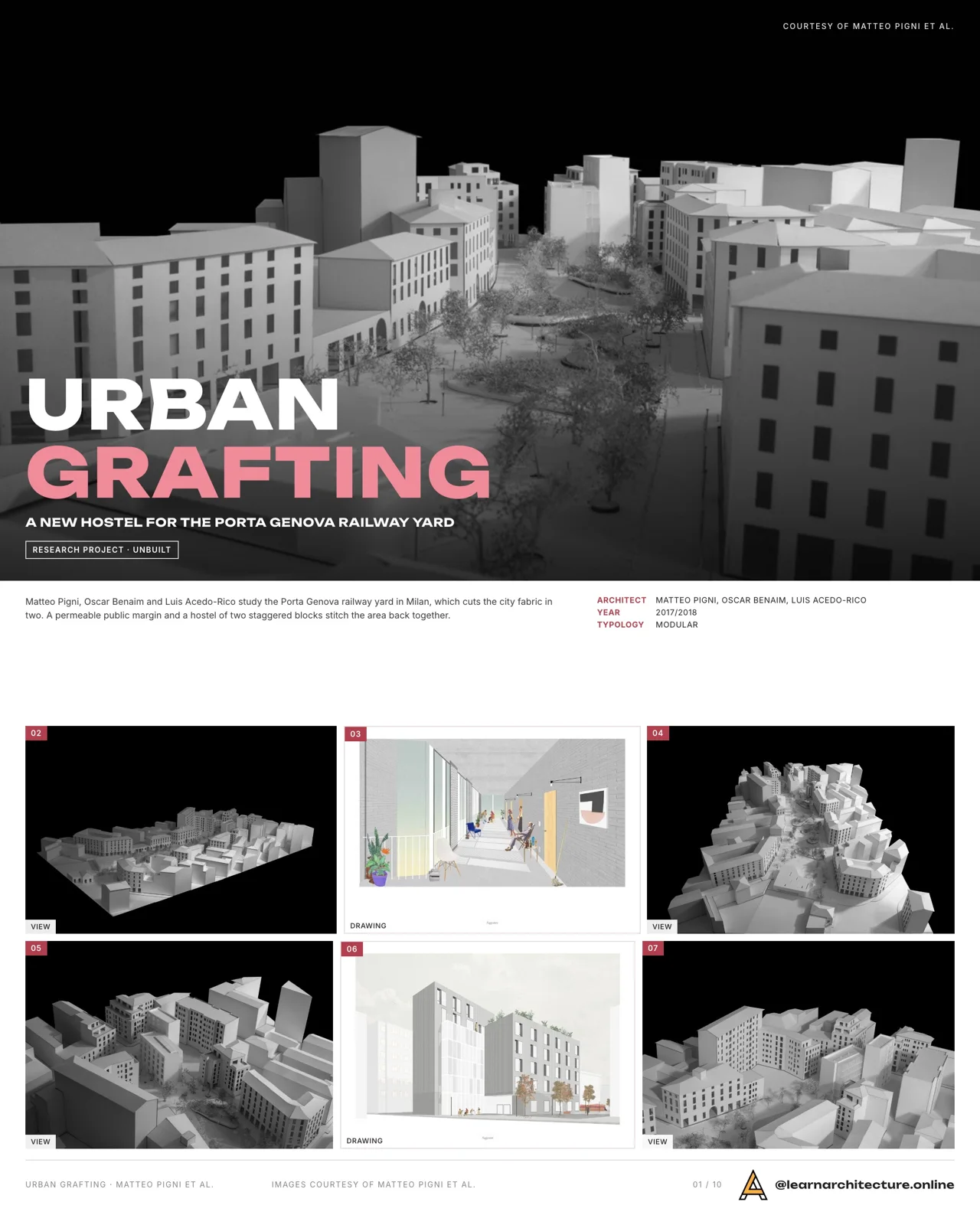 Presentation board cover for Urban Grafting showing black and white architectural model photos