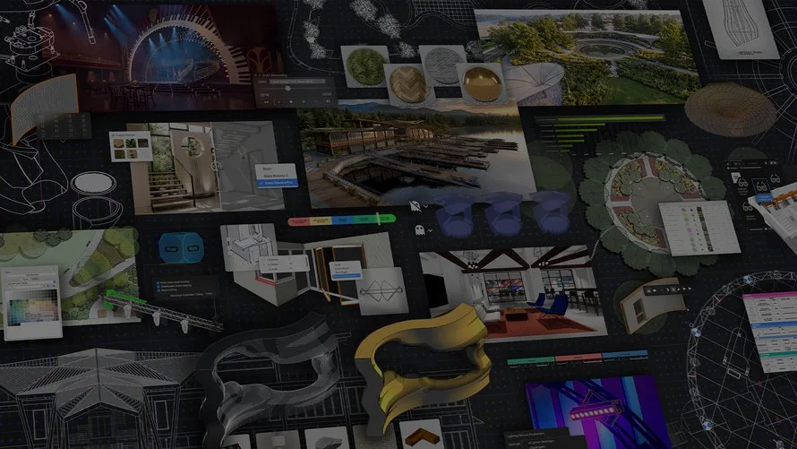 Collage of architecture, landscape and entertainment projects modelled in Vectorworks 2027