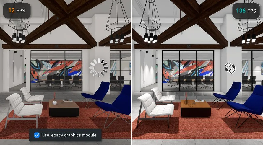 Interior model in Vectorworks 2027 compared between the legacy graphics module and the new GPU engine