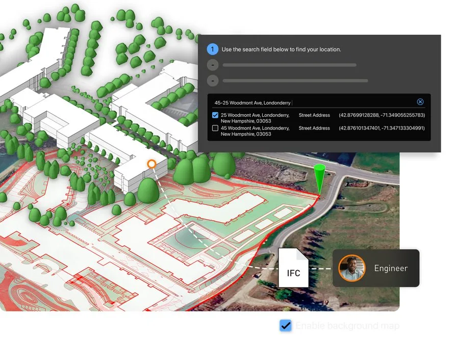 Vectorworks 2027 Geolocation Setup Wizard aligning a site model with map imagery