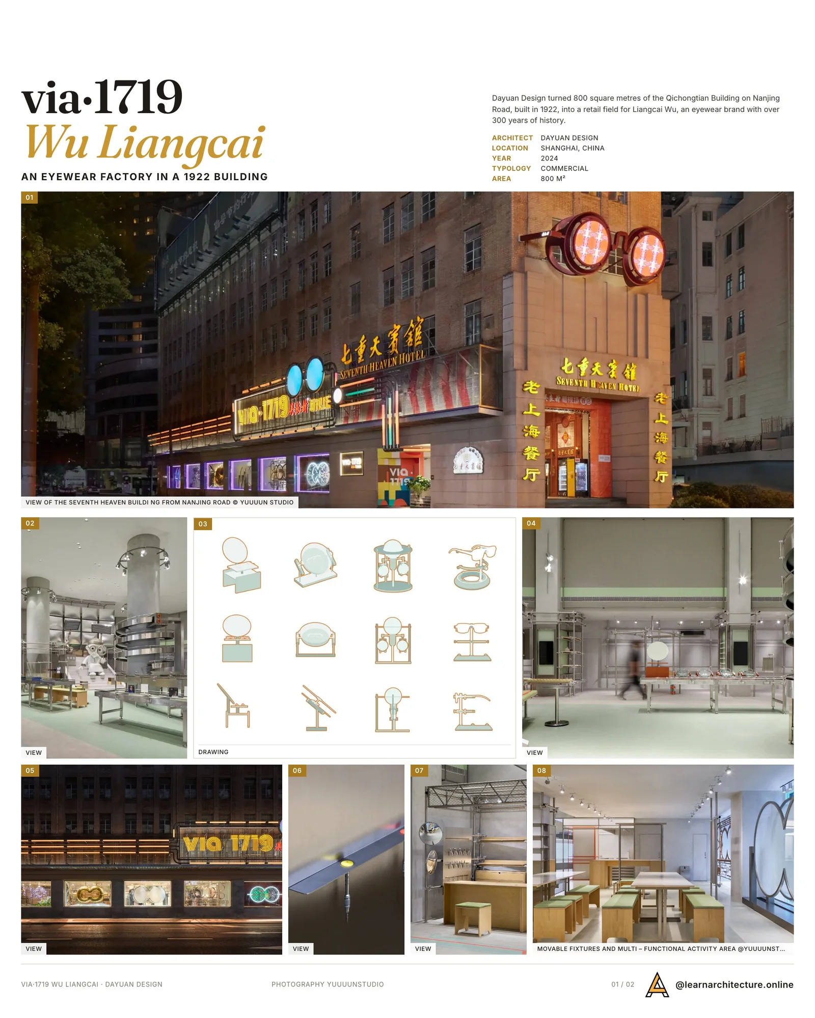 Presentation board cover for via·1719 Wu Liangcai New Vision Field in Shanghai, with the lead image, project summary and a grid of photographs and drawings