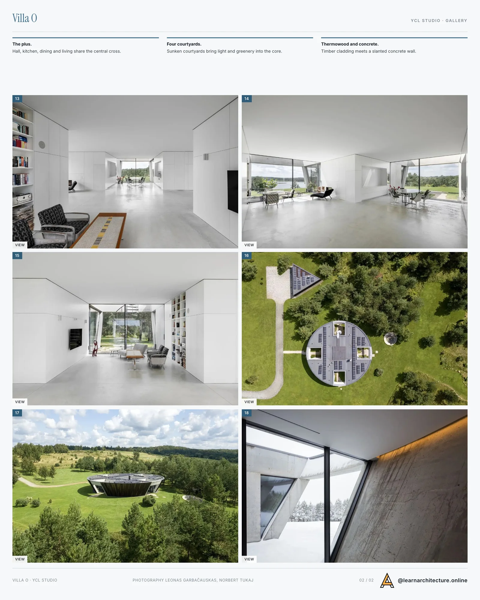 Second presentation board sheet for Villa O by YCL studio, laying out the project drawings and images on one page