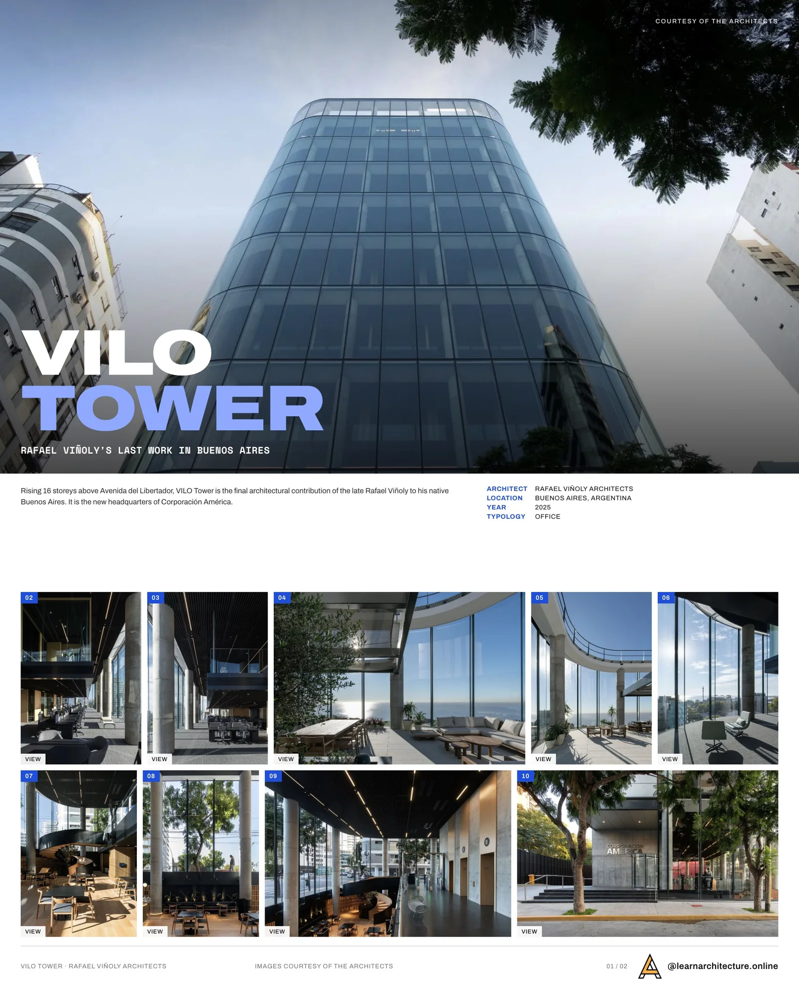 Presentation board cover for VILO Tower by Rafael Viñoly Architects, with the lead image, project summary and a grid of photographs and drawings
